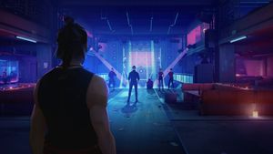 Your character, dressed in a tank top with his hair in a top knot, faces the interior of a nightclub, where several gangsters are gathered, unaware of their impending doom, near the dance floor.
