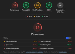Lighthouse report showing scores of 34 for performance, 98 for accessibility, 80 for best practices, 91 for SEO.