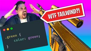 A clickbait-style thumbnail with Mike throwing his hands up while screaming above a code block with some CSS that has a class of green that merely sets the color to green. A big red arrow with text in the Fortnite font reads WTF Tailwind. There is inexplicably an assault rifle from Call of Duty in the background.