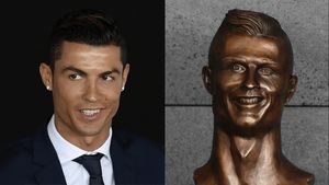 A photo of Ronaldo and a bust of him that looks horribly disfigured