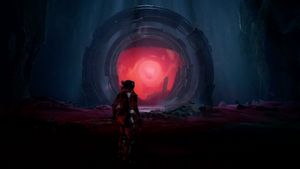 Astronaut Selene stands outside a portal to another biome in Returnal
