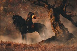 An illustration of the headless horseman, atop his horse, with no head, natch.