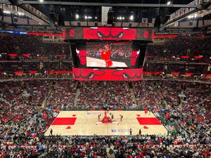 A view inside the United Center. The stadium is packed and the game is about to tip off.